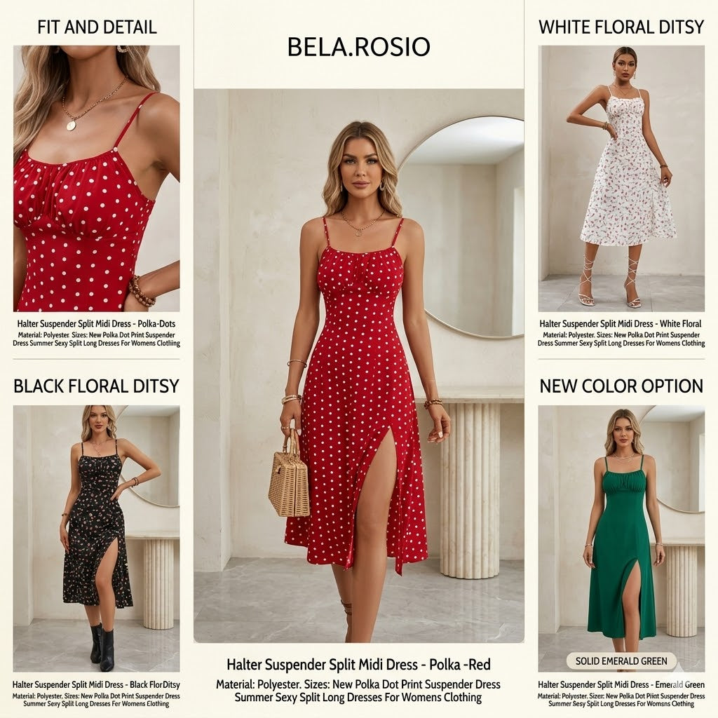 Amelie Halter Split Midi Polka Dot Dress