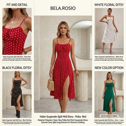 Amelie Halter Split Midi Polka Dot Dress