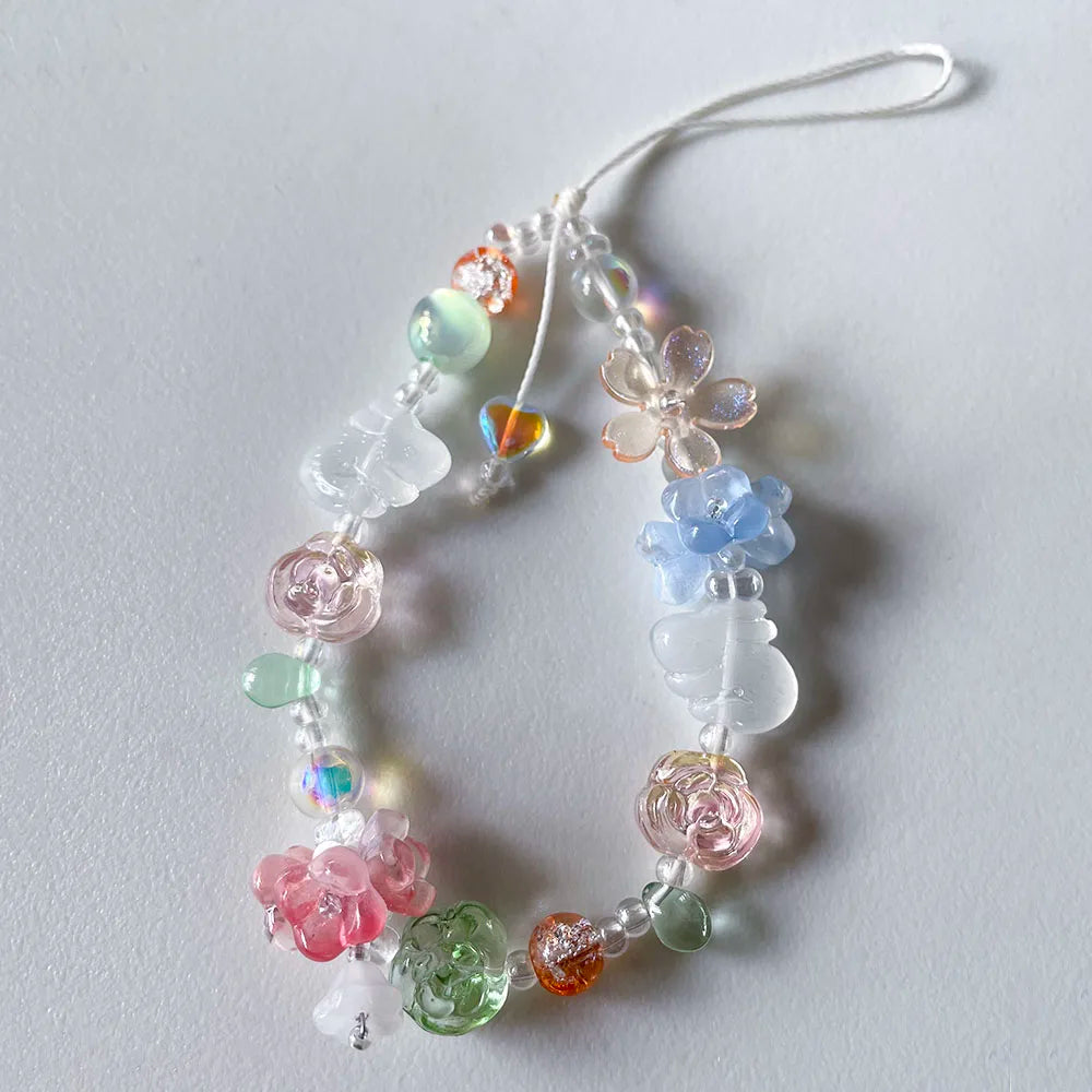 Flower Phone Charm - Fairycore Beaded Strap with Iridescent Accents