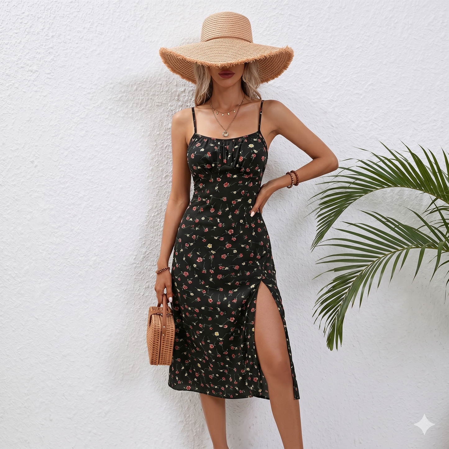 Amelie Halter Split Midi Polka Dot Dress