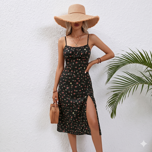 Amelie Halter Split Midi Polka Dot Dress
