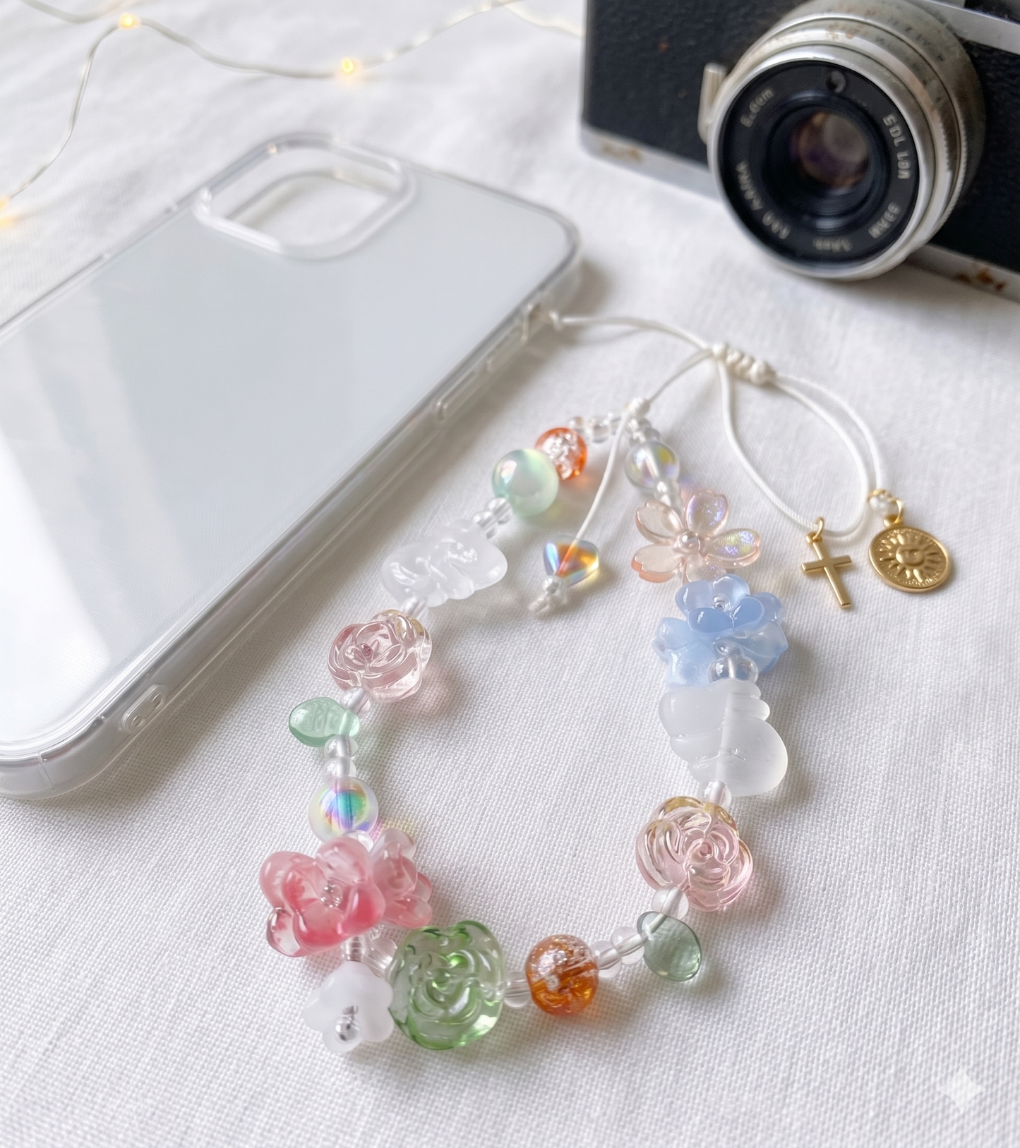 Flower Phone Charm - Fairycore Beaded Strap with Iridescent Accents