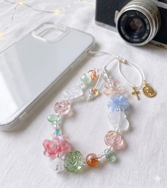 Flower Phone Charm - Fairycore Beaded Strap with Iridescent Accents