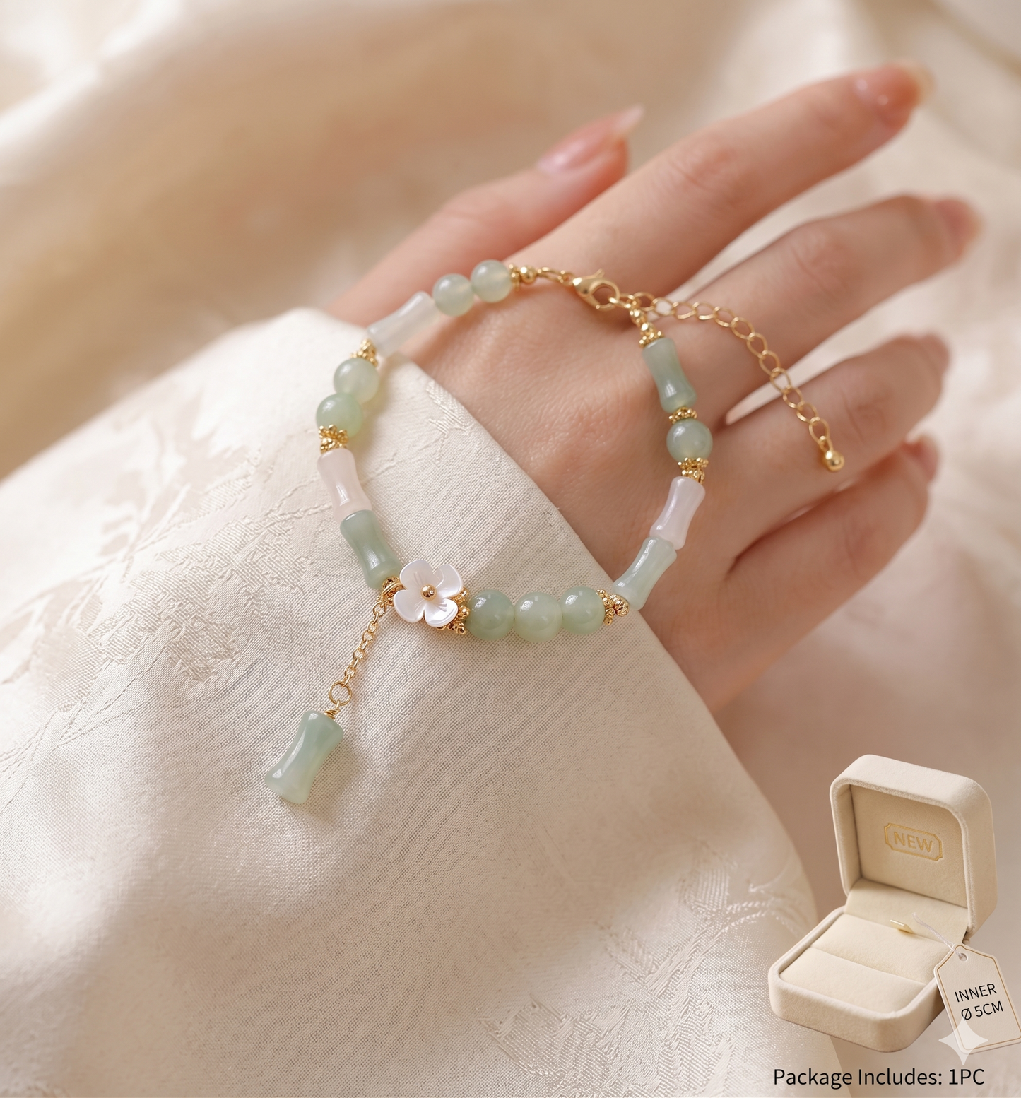 Dainty multi-bead jade-green and mother-of-pearl flower bracelet