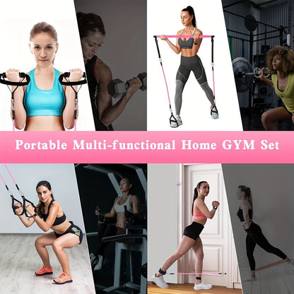 Estação de Treino Portátil: Kit Pilates 12 Peças, Barra de Aço Inoxidável e 4 Elásticos de TPE (Carga Máx. 72kg)