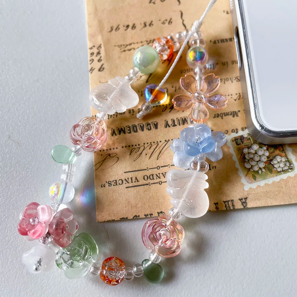 Flower Phone Charm - Fairycore Beaded Strap with Iridescent Accents