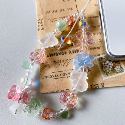 Flower Phone Charm - Fairycore Beaded Strap with Iridescent Accents