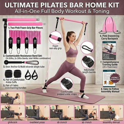 Estação de Treino Portátil: Kit Pilates 12 Peças, Barra de Aço Inoxidável e 4 Elásticos de TPE (Carga Máx. 72kg)