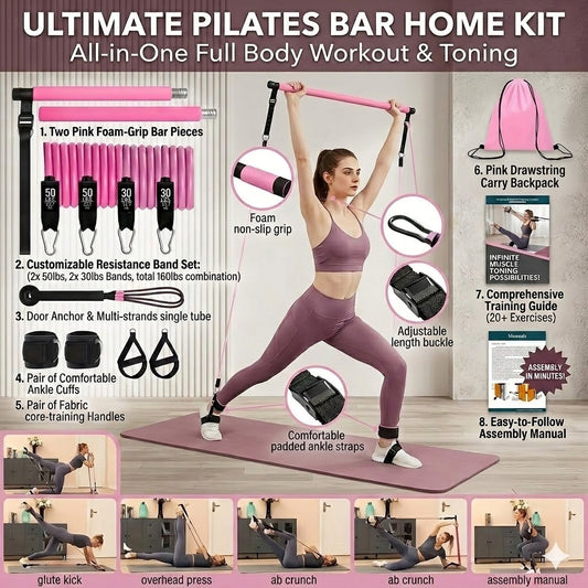 Estação de Treino Portátil: Kit Pilates 12 Peças, Barra de Aço Inoxidável e 4 Elásticos de TPE (Carga Máx. 72kg)